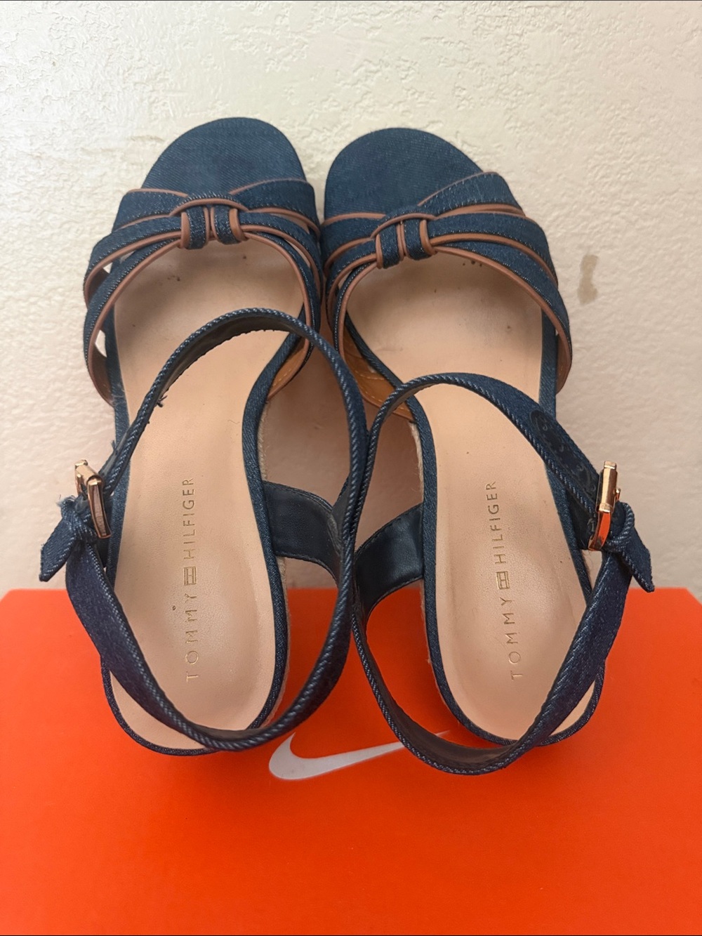 Tommy Hilfiger Navy Denim Wedge Sandals with Tan Trim